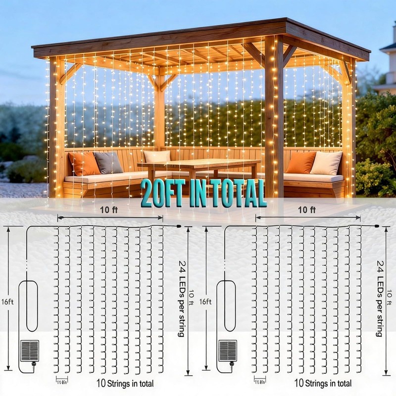 Daidasy 2 Pack Solar Curtain Light Outdoor, 20ft x 10ft,