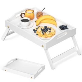 Breakfast Bed Tray for Eating - Foldable Food Laptop Table - Portable Bamboo Raised Serving Tray - Snack Platter with Folding Legs, Eating for Bedroom, Picnic, Sofa - White