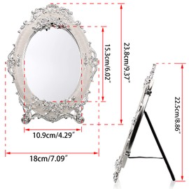 JuxYes Small Tabletop Dressing Mirror Vintage Metal Desktop Mirror with Stand, Antique Embossed Roses Countertop Makeup Mirror Retro Oval Cosmetic Decorative Mirrors for Table Centerpieces