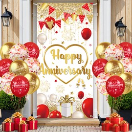 Red Gold Happy Anniversary Door Banner