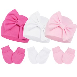 Durio Newborn Baby Hat and Mittens Set Newborn Hats Soft for Infant Girls Boys Hats 6-12 Months Gloves Baby Winter Hat and Mitten Set D Pink & White & Rose S