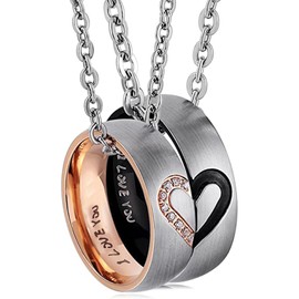 Brateuanoii Couple Necklace, Women's Necklace for Couples, Friendship Necklace, Couple Necklace Heart, Chain 60 cm 50 cm, Silver, with Ring Pendant, Rose Gold, Black, Stainless Steel