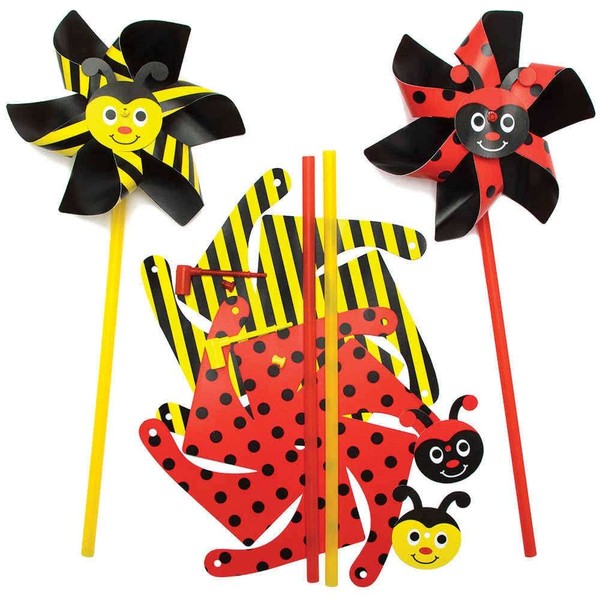 Baker Ross FC785 Bumble Bee and Ladybird Windmill Kits - Pack of 6, Summer Craft Kit, Kids Windmill Spinners, Kids Pinwheel