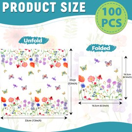 100Pcs Wildflower Paper Napkins, Watercolor Disposable Floral Butterfly Napkins, Spring Wild Flower Dinner Napkins for Baby Shower Wedding Birthday Party (13×13Inch)