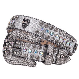 MUKINGBELTS Men Women Skull Rhinestone Belts Crystal Luxury Strap Studded Belt For Cowboy Cowgirl Jeans Pants, Silver, 44: Fit waist from 32"-34"