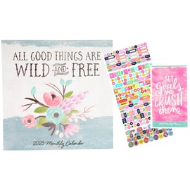 2025 Wall Calendar with Pocket Calendar - Monthly BOHO Style - 12 Inch - With 300 Colorful Organizational Stickers (Wild & Free)