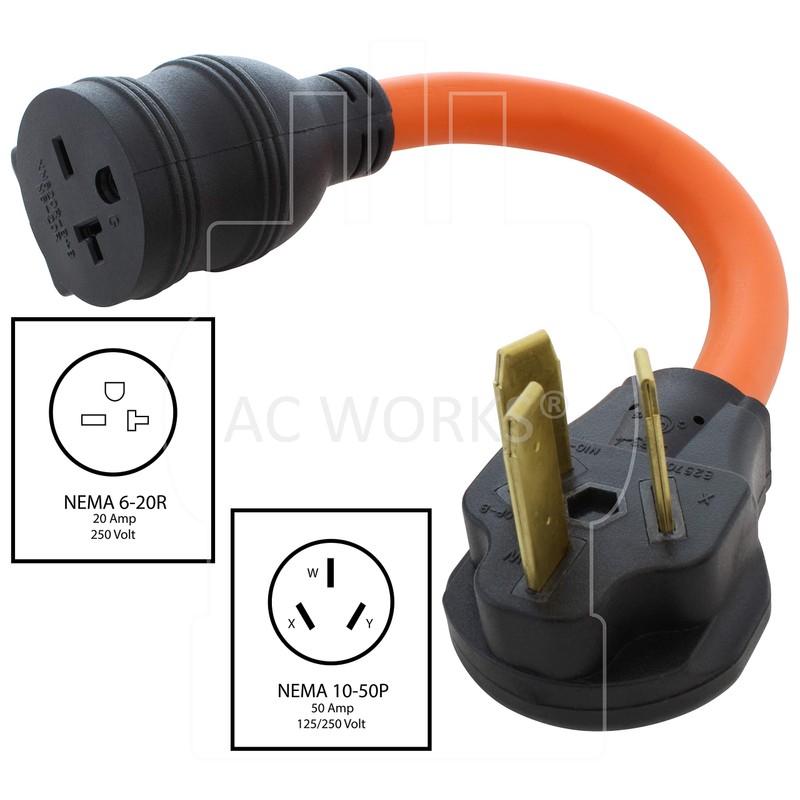 AC WORKS NEMA 10-50P 50A 3-Prong Plug to NEMA 6-20R
