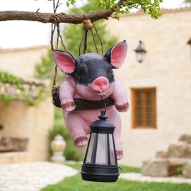 Hanging Pig Garden Lantern, Solar Pig Sculpture Outdoor Resin Garden Decoration, Weather-Resistant Animal Statue for Porch, Patio, and Walkway