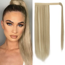 BARSDAR Light Ash Blonde Mix Straight Wrap Ponytail Extension - 20 Inch Long Straight Wrap Around Ponytail for Women, Synthetic Clip in Blonde Pony Tails Hairpieces Daily