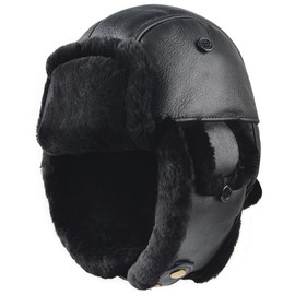 Harssidanzar Aviator Hat for Men Women Genuine Sheepskin Shearling Leather Winter Warm Trapper Hat CU603US, Solid Black, Size Small