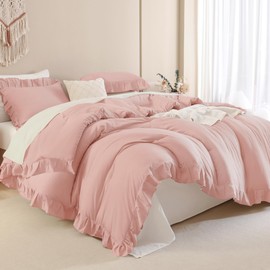 Andency Blush Pink Ruffle Comforter Queen, 3 Pieces Rustic Farmhouse Shabby Chic Comforter, All Season Soft Microfiber Down Alternative Bedding Comforter Set
