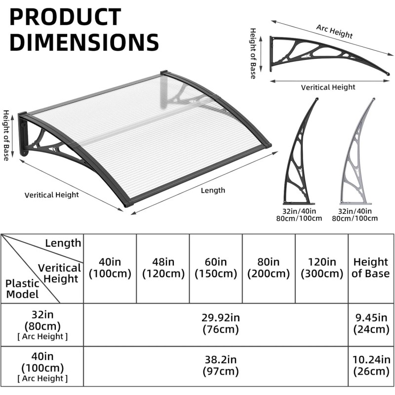 GUANSU-CN 32"x 60" Window Awning Door Canopy Outdoor Polycarbonate Hollow