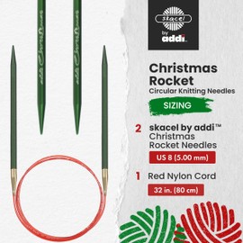 skacel by addi Christmas Circular Knitting Needles, 32 Inch (80 cm) Holiday Rocket Round Aluminum Knitting Needle Pair with Nylon Cord, Red/Green, 5 mm (US Size 8)