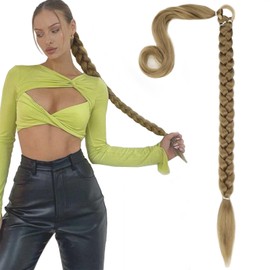 Braided Ponytail hair extensions 30Inch Long Braided Ponytail Extension with Hair Tie Straight Wrap Around Hair Extensions Ponytail Synthetic Hairpieces for Women (Dark Gold)-8#