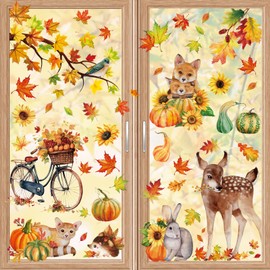 Fall Woodland Animals Window Clings, 9 Sheets 68 Pcs Autumn Squirrel Fox Rabbit Window Decals Stickers Decorations for Fall Harvest Home Party Windows Decorations