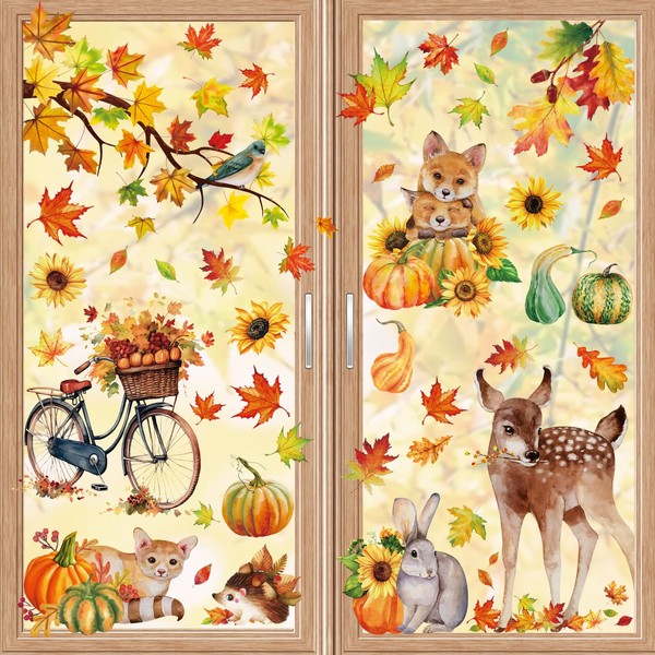 Fall Woodland Animals Window Clings, 9 Sheets 68 Pcs Autumn