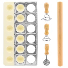 Ravioli Cutter Mold Pasta Dumpling Gnocchi Press Maker Handmade 5 PCS Ravioli Making Tool Kit Pasta Attachment Cutter Wheel Ravioli Stamp w/Wood Rolling Pin