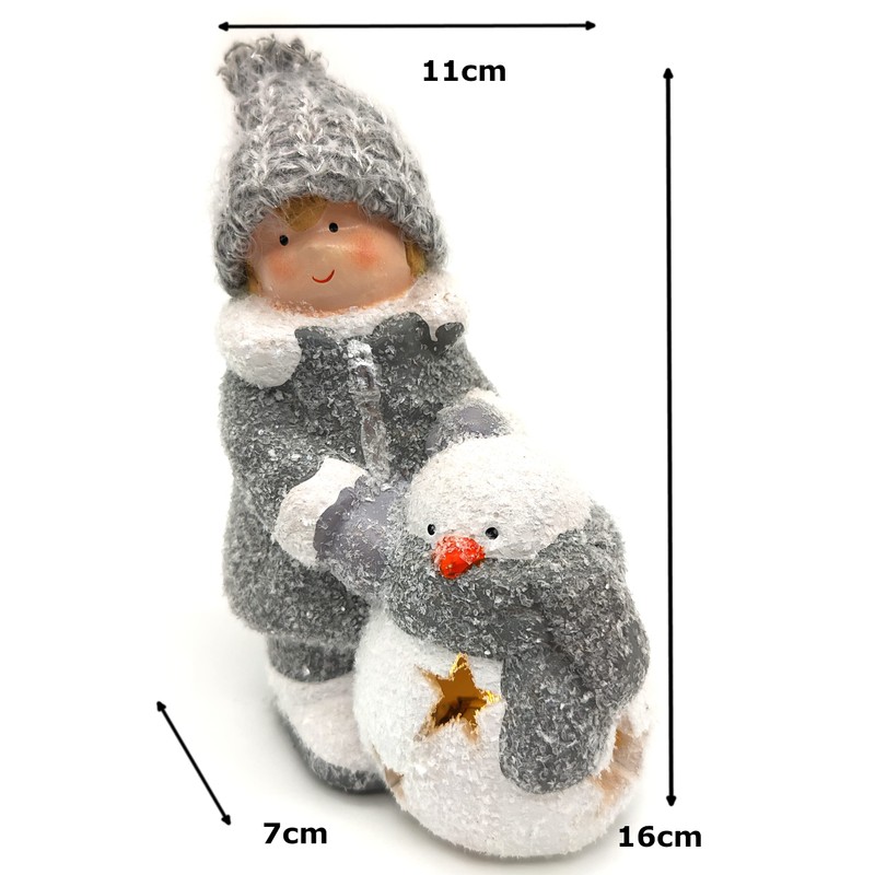DARO DEKO Winterkind Boy with LED Snowman 16 cm Decorative