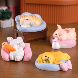 KARLOR mini Animal Figures decoration, 4 PCS sleeping cat dog pig rabbit set, animal collection miniature animal ornaments piggy rabbit puppy micro landscape table garden aquascaping decoration