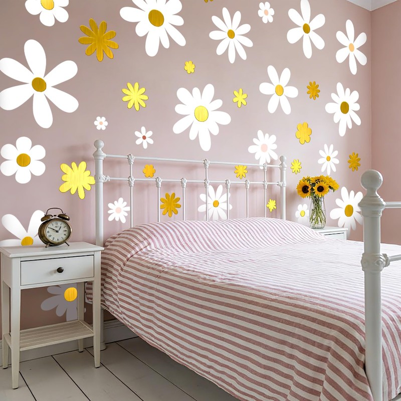 Boho Daisy Floral Wall Decals 9 Sheets White Gold Flower