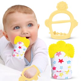 2pcs Baby Teething Set, Teething Mitten for Babies, Includes Chew Toy and Teething Glove, Baby Teething Gel, Chew Toys for Baby Boys and Girls, Baby Teething Toy to Prevent Finger Sucking - Yellow
