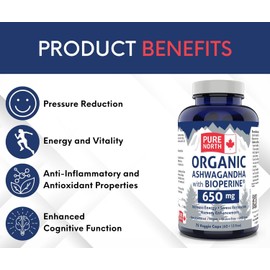 PURE NORTH NATURALS Ashwagandha with BioPerine - Organic Ashwagandha Supplement for Men and Women - 120 Capsules - 3rd Party Tested and Proudly Canadian