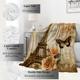 VODRM Vintage Paris Blanket Eiffel Tower, Rose, and Butterfly Retro Throw Blankets,Birthday Gifts for Girls Women,Lightweight Soft Fleece Cozy for Sofa Couch Bed Room Travel Decor 50x60in