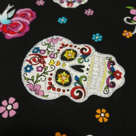 David Textiles Day of the Dead BTY David Textiles Colorful Sugar Skulls on Black with Silver