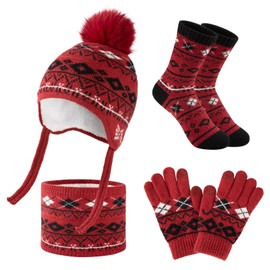 Comfoex 4 Pcs Kids Winter Beanie Hat Gloves Scarf Sock Set Neck Warmer Gaiter Knitted Fleece Lined Thermal Set for Boys Girls