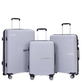 Travelhouse Amalodie Hardshell Upright Spinner Wheel Suitcase Set PP ABS, Lightweight Checked Carry-On Luggage 3-Piece Set with Spinner Wheels TSA Locks 20" 24" 28" (Silver)