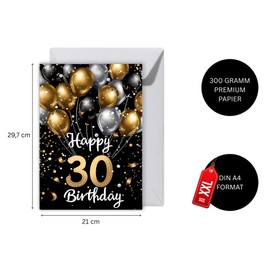 WBdesignz Geburtstag Karte mit Umschlag - Elegante Geburtstagskarte 30 Jahre Happy Birthday Schwarz Gold Ballons 30ter Geburtstag (XXL DIN A4)