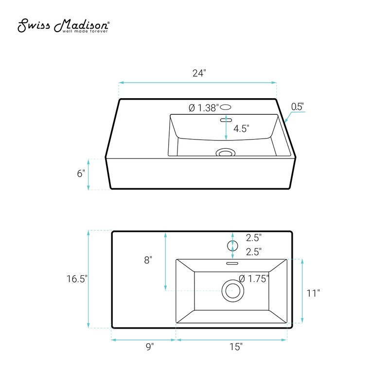 Swiss Madison SM-WS323 St. Tropez Wall Hung Sink with Right