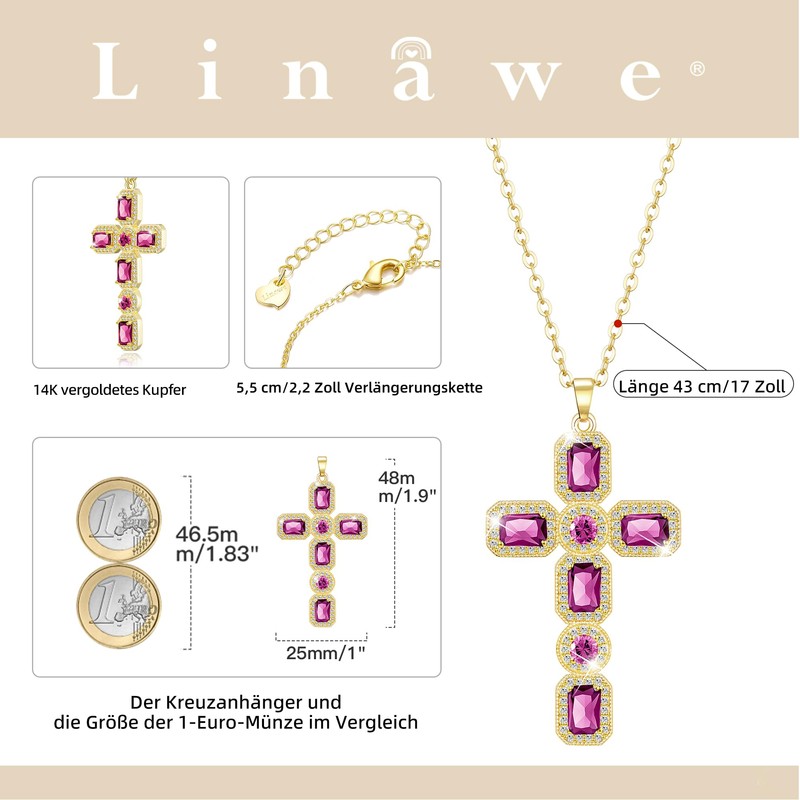 Linawe Cross Chain Cross Necklace Women's Simulated Diamond Birthstone Crystal