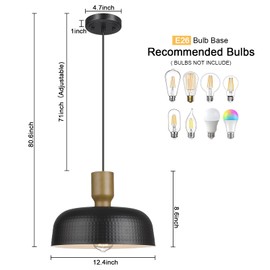 Luminzone Farmhouse Pendant Lights, Adjustable Hanging Light Fixtures with Hammered Metal Shade, 12.4 inch Pendant Lighting for Kitchen Island, Black