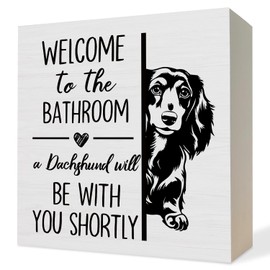ATBWGT Funny Dachshund Bathroom Wooden Box Sign, Weiner Dog Bathroom Decor, Dachshund Wood Block Plaque Signs for Bath Room Toilet Restroom Desk Table Shelf Decor, 5x5 Inch
