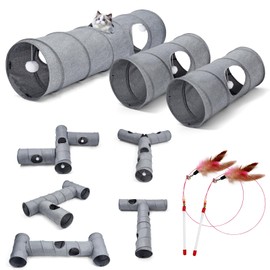 Summer Cat Tunnel，3 Straight Shaped Tunnels 6 DIY Shapes with Wand Toys, No Noise Scratch Resistant Cool Linen Fabric, Interactive Pet Tunnel Tube for Indoor Cats, Puppy and Rabbits