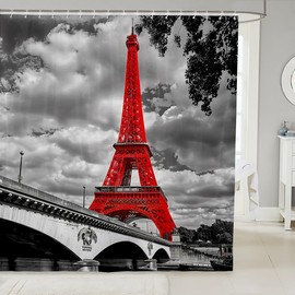 Feelyou Cortina de ducha Torre Eiffel con tema elegante de París para baño, cortina de ducha para cabinas y bañeras, diseño de paisaje urbano de París en rojo brillante, cortina de baño moderna de