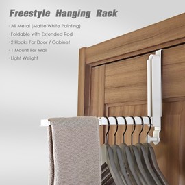 Folding Clothes Drying Rack with Over The Door Hanger Hooks, All Metal Laundry Rack with Retractable Rod for Towel with 6 Groves, Door/Wall Mount, Space Saving Portable Hanging Rack (Ivory White)