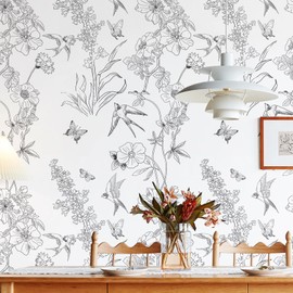 Amiya Black and White Floral Wallpaper Peel and Stick Modern Removable Birds Contact Paper Bedroom 17.3” X 480” Vinyl Self Adhesive Sketch Wall Paper for Cabinets Shelf Liner Living Room Decoration