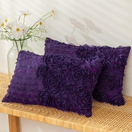 CaliTime Throw Pillow Cases Pack of 2 Solid 3D Stereo Chiffon Wave Rose Flower Decorative Cushion Covers Shells for Couch Sofa Bedroom 12 X 20 Inches Purple