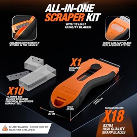 Razor Blade Scraper Tool | 18 Extra Blades, Unique Auto-Reload Mechanism, Dual Storage Compartment, Cleaning Razor scraper for Kitchen, Glass, Cooktop, Stovetop, Oven, Paint, Window, Sticker