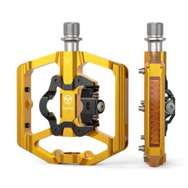 GEWAGE Bicycle Pedals, Flat Double Function and SPD Pedal with Reflectors, Flat Platform with 3 Bearings, 9/16 Inch Aluminium Click Pedals with Cleats for Road Bike, MTB (Gold)