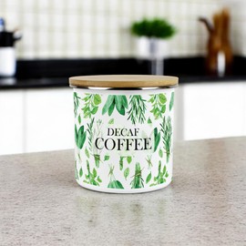 Purely Home Kitchen Herbs Decaf Coffee Storage Canister - White & Green Leaf Metal Enamel Medium Sized Food Storage Container