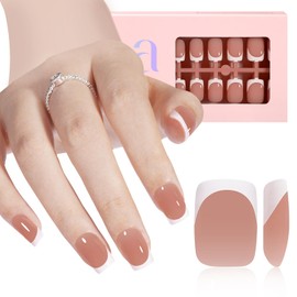 AILLSA French Tip Press On Nails,180 Pcs Short Square French Gel Nail Tips Brown,Pre-Applied Primer & Base Coat,No Need File French Tips,Fake Nails for Nail Art DIY 15 Sizes