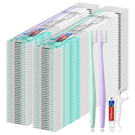 Disposable Toothbrushes, Toothbrush And Toothpaste, Toothbrush And Toothpaste Travel, Comes With Floss Picks, Individually Packaged, 2 Colors, Suitable For Hotel, Home, Camping, Travel (PACK-100)