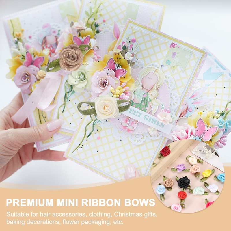 sourcing map 50pcs White Ribbon Roses 5/8" x1-3/16 Mini Roses