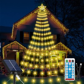 Christmas Solar Decorations Star Lights Outdoor, 11.48ft 350LED Waterfall Tree Lights with 8 Modes Timer Remote String Lights USB Powered for Garden Yard Patio Home Holiday Party Decor, Warm White
