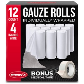 Premium Gauze Rolls - 12 Pack (4" x4.1yd) First Aid Rolled Gauze - Individually Wrapped + Bonus Tapes - Conforming Breathable Gauze Wrap Roll for Wounds