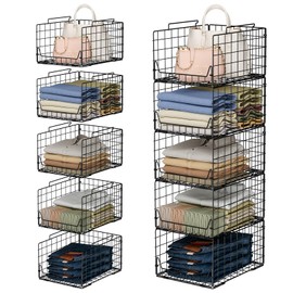 Jakyitvi 5-Tier Stackable Closet Organizer Shelf – Foldable Metal Storage Bins for Clothes, Sweaters & Towels | Stylish Black Wire Baskets for Bedroom, Wardrobe, Dorm or Entryway