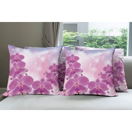 Ambesonne Juego de 4 fundas de cojín con diseño floral, flores exóticas de orquídeas floreciendo sobre fondo abstracto, círculos, estrellas, acento moderno, impresión digital de doble cara, 24 pulgadas, rosa y morado